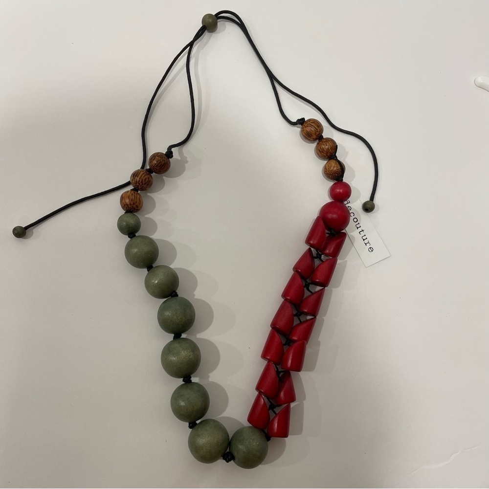 Handcrafted Decouture Necklace Red and Grey Wooden Beads Made in the Philippines - Picture 4 of 6